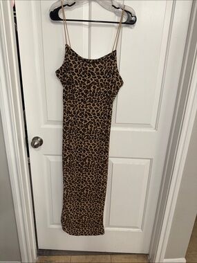 Justify Leopard-Accent Slip Dress in Tan and Black